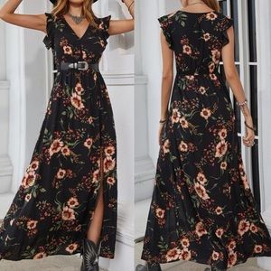 Boho floral print butterfly sleeve ruffle hem slit thigh maxi dress